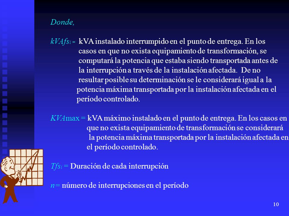 Donde, kVAfsi = kVA instalado interrumpido en el punto de entrega. En los. casos en que no exista equipamiento de transformación, se.