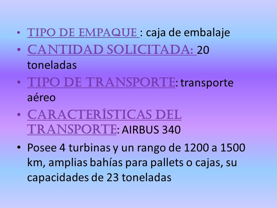 Cantidad solicitada: 20 toneladas Tipo de transporte: transporte aéreo