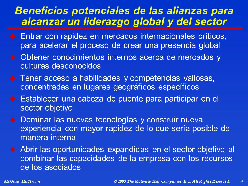 Beneficios potenciales de las alianzas para alcanzar un liderazgo global y del sector