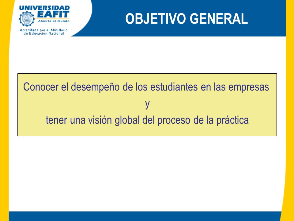 OBJETIVO GENERAL Conocer el desempeño de los estudiantes en las empresas y tener una visión global del proceso de la práctica