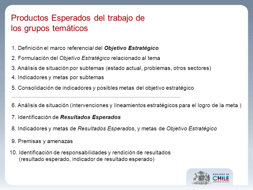 Productos Esperados del trabajo de los grupos temáticos