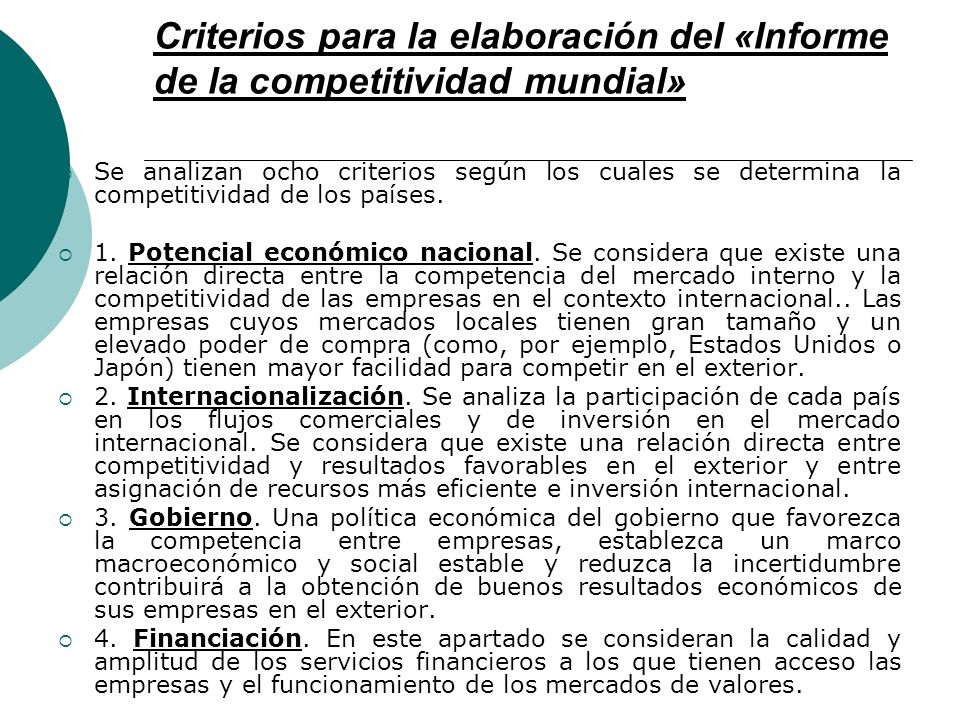Criterios para la elaboración del «Informe de la competitividad mundial»