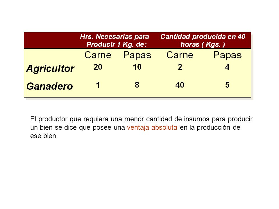 El productor que requiera una menor cantidad de insumos para producir un bien se dice que posee una ventaja absoluta en la producción de ese bien.