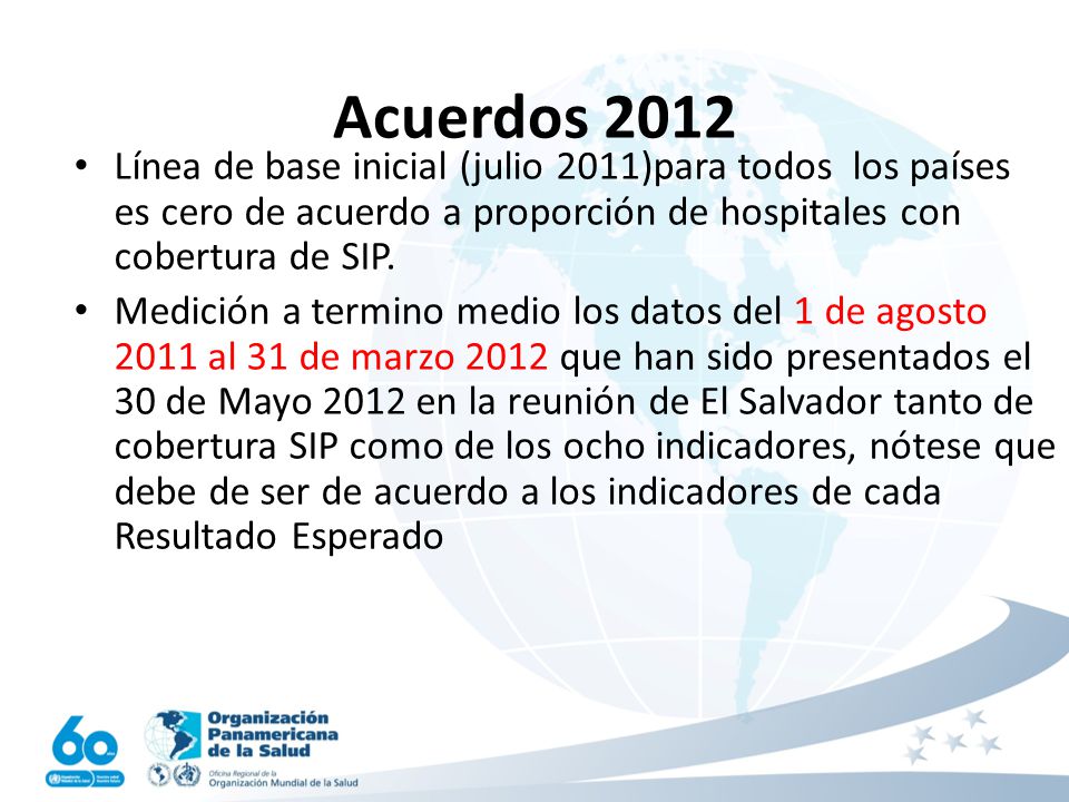 Acuerdos 2012 Línea de base inicial (julio 2011)para todos los países es cero de acuerdo a proporción de hospitales con cobertura de SIP.