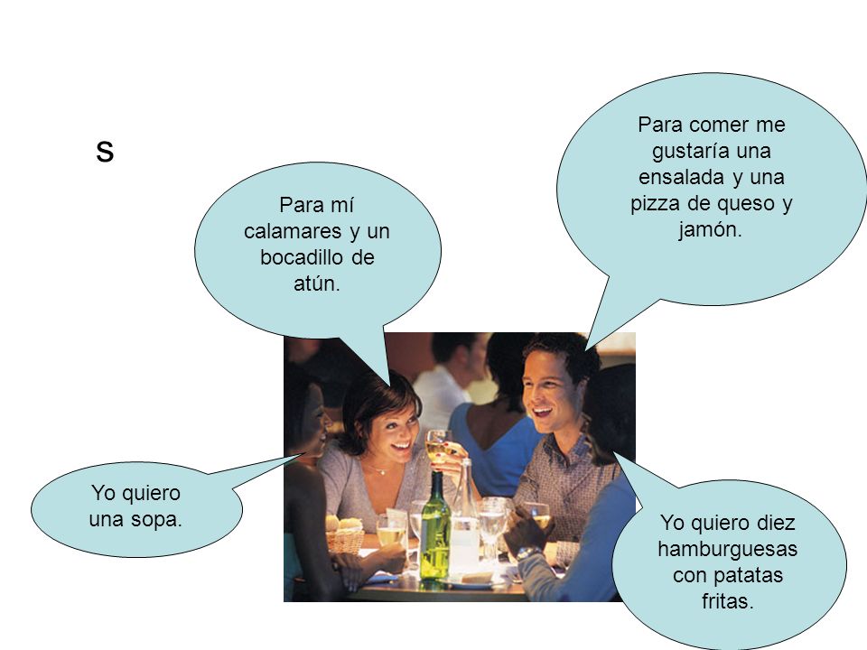 s Para comer me gustaría una ensalada y una pizza de queso y jamón.