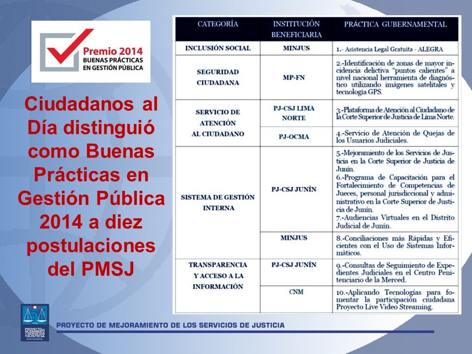 Ciudadanos al Día distinguió como Buenas Prácticas en Gestión Pública 2014 a diez postulaciones del PMSJ