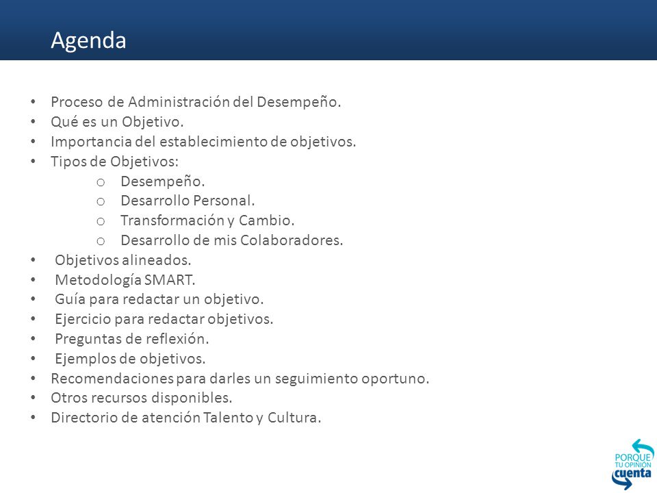 Agenda Proceso de Administración del Desempeño. Qué es un Objetivo.