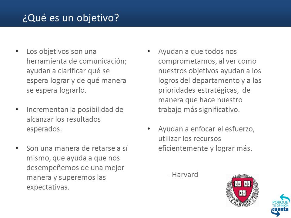 ¿Qué es un objetivo Los objetivos son una herramienta de comunicación; ayudan a clarificar qué se espera lograr y de qué manera se espera lograrlo.