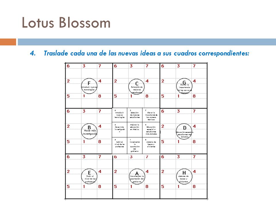 Lotus Blossom Traslade cada una de las nuevas ideas a sus cuadros correspondientes: Elevar la importancia de las carreras técnicas.