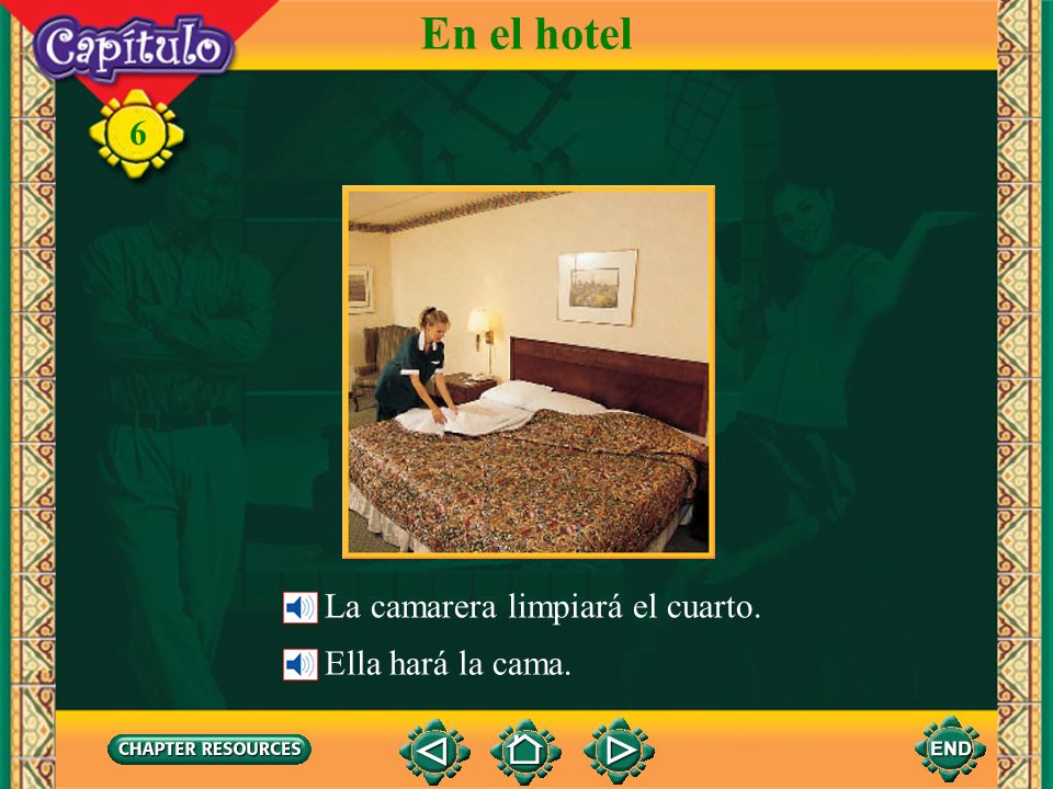 En el hotel La camarera limpiará el cuarto. Ella hará la cama.