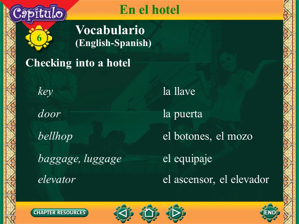 En el hotel Vocabulario Checking into a hotel key la llave door