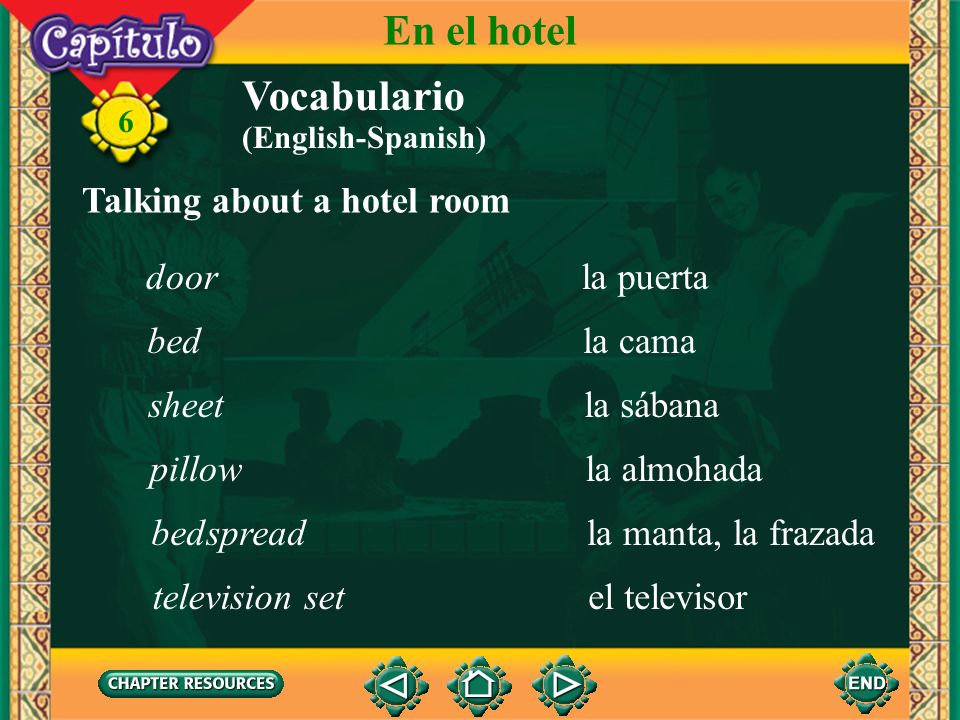 En el hotel Vocabulario Talking about a hotel room door la puerta bed