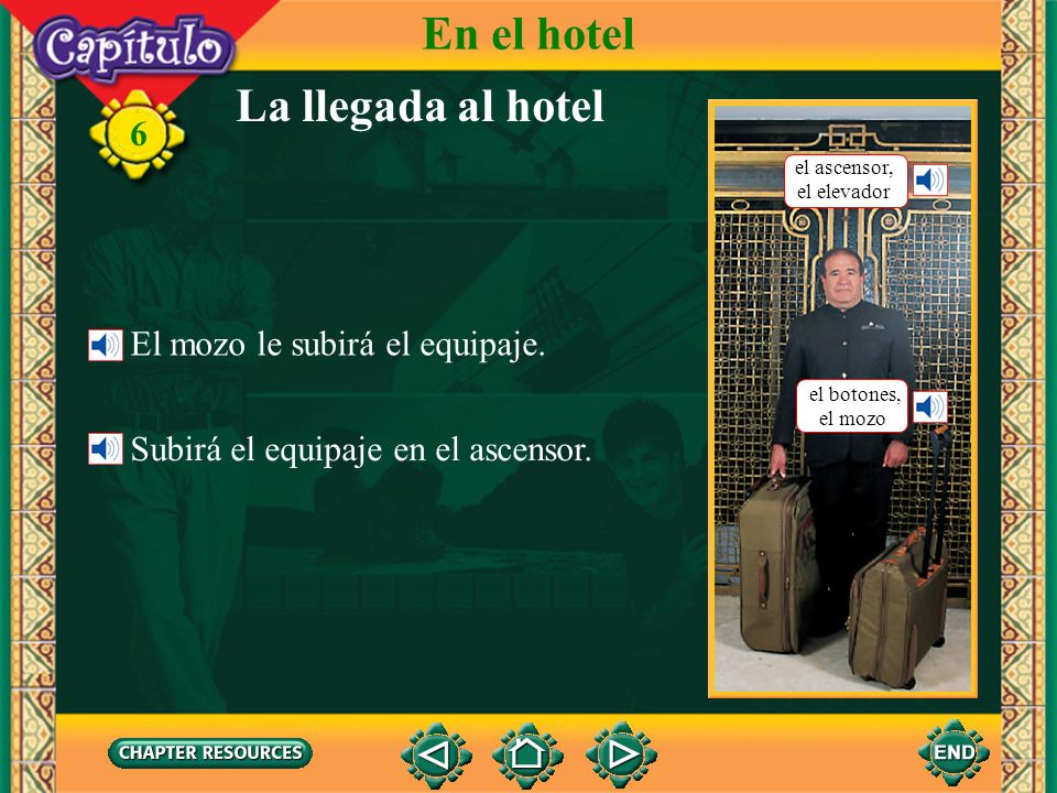En el hotel La llegada al hotel El mozo le subirá el equipaje.