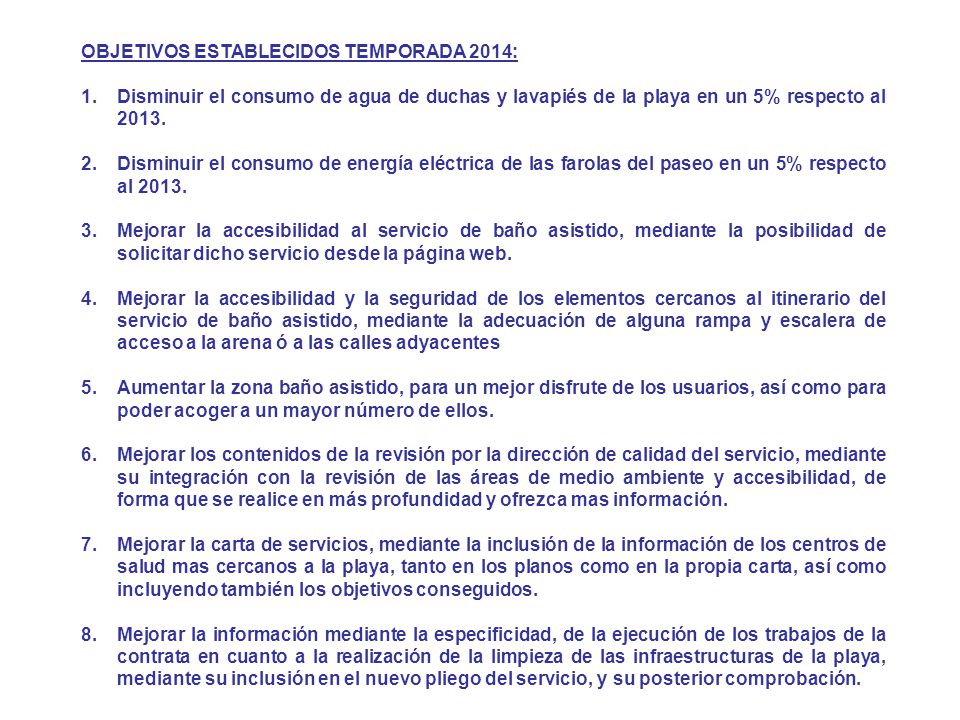 OBJETIVOS ESTABLECIDOS TEMPORADA 2014:
