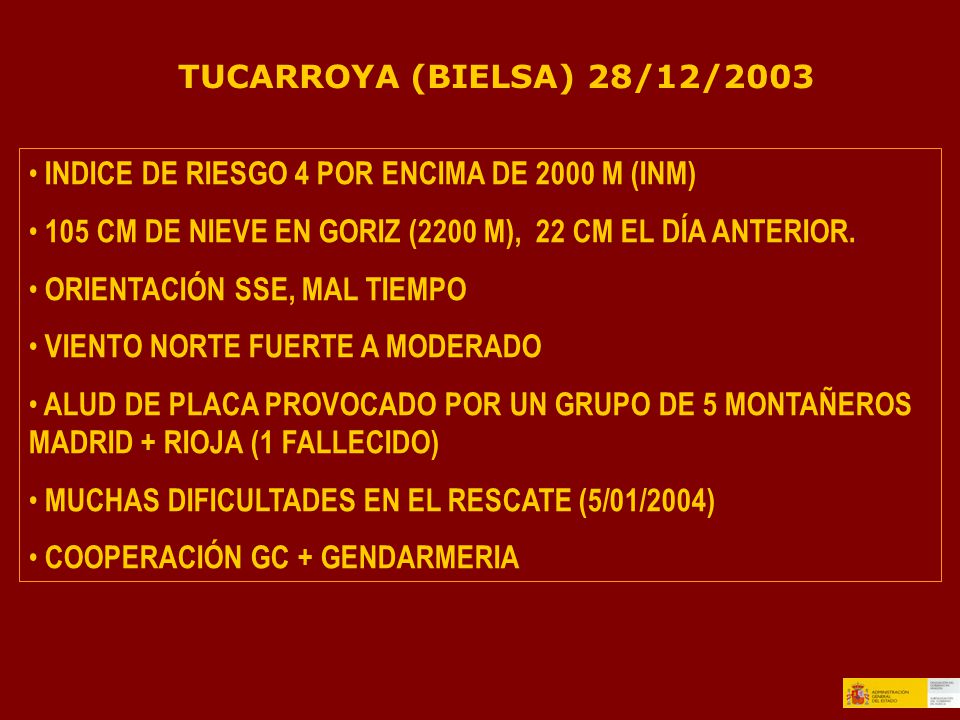 TUCARROYA (BIELSA) 28/12/2003 INDICE DE RIESGO 4 POR ENCIMA DE 2000 M (INM) 105 CM DE NIEVE EN GORIZ (2200 M), 22 CM EL DÍA ANTERIOR.