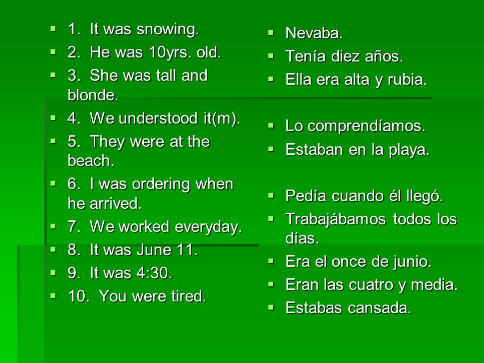 1. It was snowing. 2. He was 10yrs. old. 3. She was tall and blonde. 4. We understood it(m). 5. They were at the beach.