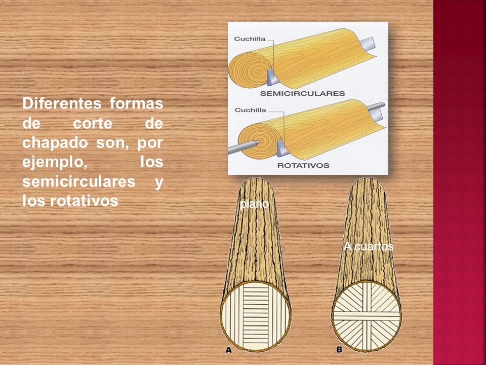Diferentes formas de corte de chapado son, por ejemplo, los semicirculares y los rotativos