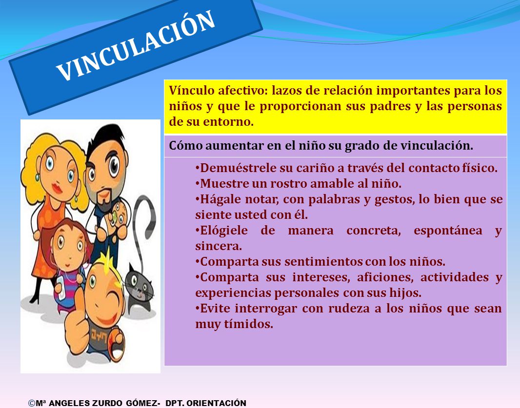 VINCULACIÓN Vínculo afectivo: lazos de relación importantes para los niños y que le proporcionan sus padres y las personas de su entorno.