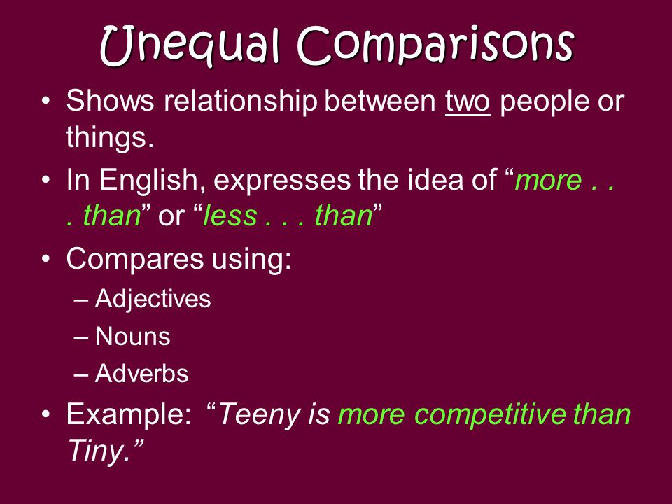 Unequal Comparisons Shows relationship between two people or things.