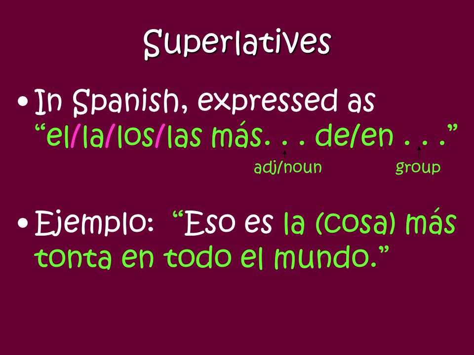 Superlatives In Spanish, expressed as el/la/los/las más. . . de/en adj/noun group.