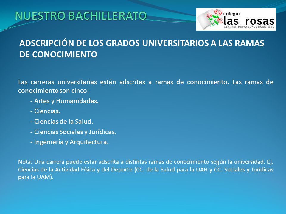 NUESTRO BACHILLERATO ADSCRIPCIÓN DE LOS GRADOS UNIVERSITARIOS A LAS RAMAS DE CONOCIMIENTO.