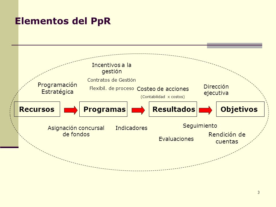 Elementos del PpR Recursos Programas Resultados Objetivos