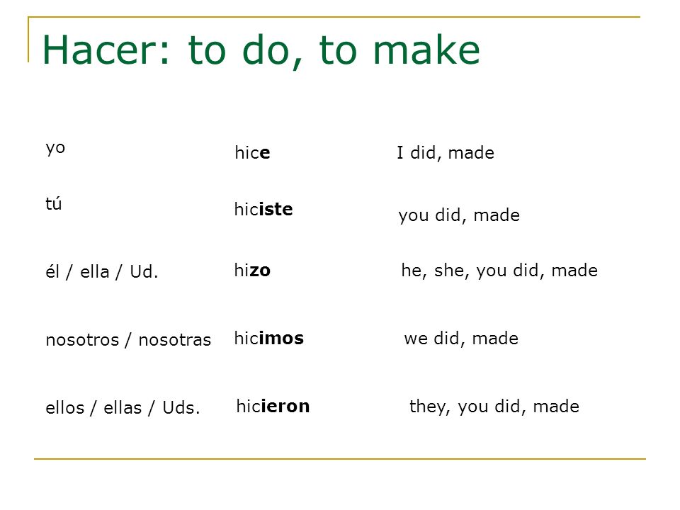 Hacer: to do, to make yo hice I did, made tú hiciste you did, made