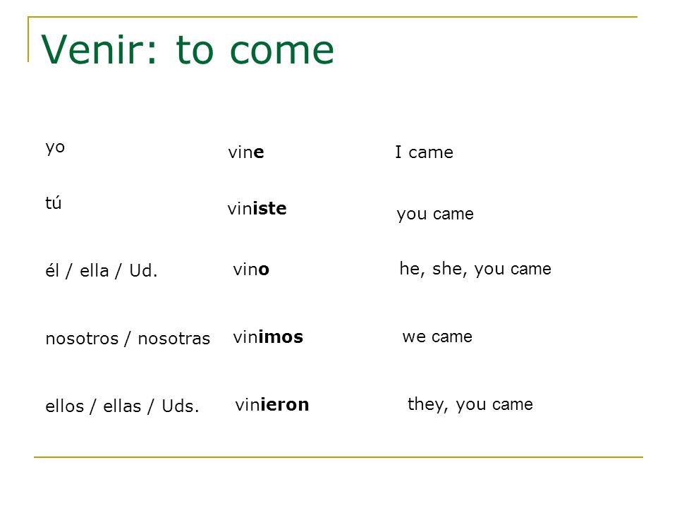 Venir: to come yo vine I came tú viniste you came él / ella / Ud. vino