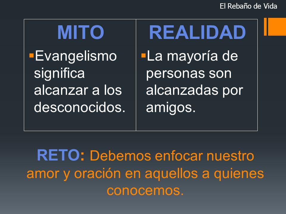 El Rebaño de Vida MITO. Evangelismo significa alcanzar a los desconocidos. REALIDAD. La mayoría de personas son alcanzadas por amigos.