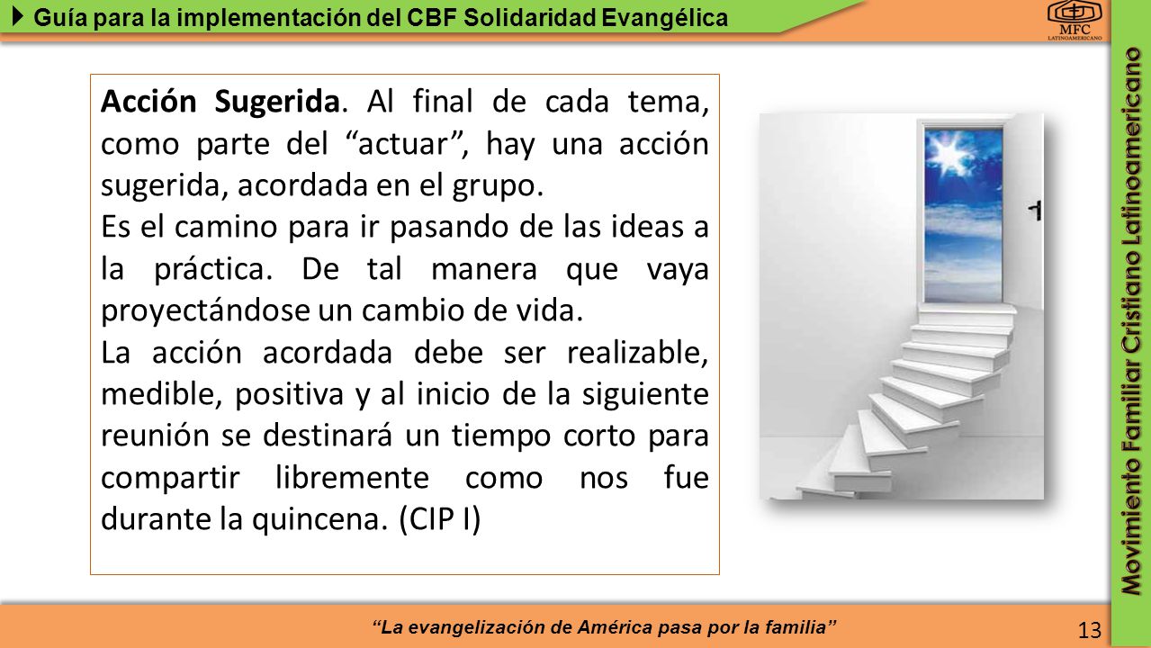 Acción Sugerida. Al final de cada tema, como parte del actuar , hay una acción sugerida, acordada en el grupo.