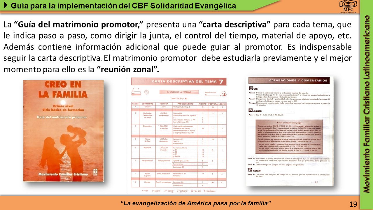 La Guía del matrimonio promotor, presenta una carta descriptiva para cada tema, que le indica paso a paso, como dirigir la junta, el control del tiempo, material de apoyo, etc. Además contiene información adicional que puede guiar al promotor. Es indispensable seguir la carta descriptiva. El matrimonio promotor debe estudiarla previamente y el mejor momento para ello es la reunión zonal .