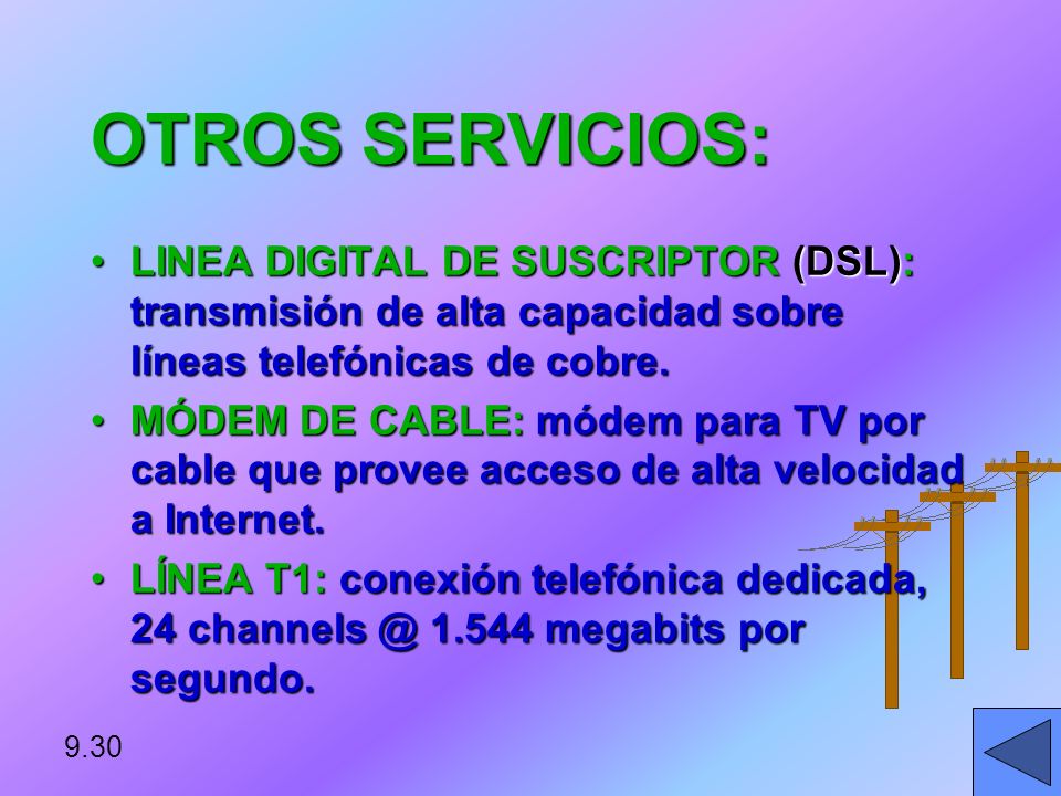 OTROS SERVICIOS: LINEA DIGITAL DE SUSCRIPTOR (DSL): transmisión de alta capacidad sobre líneas telefónicas de cobre.