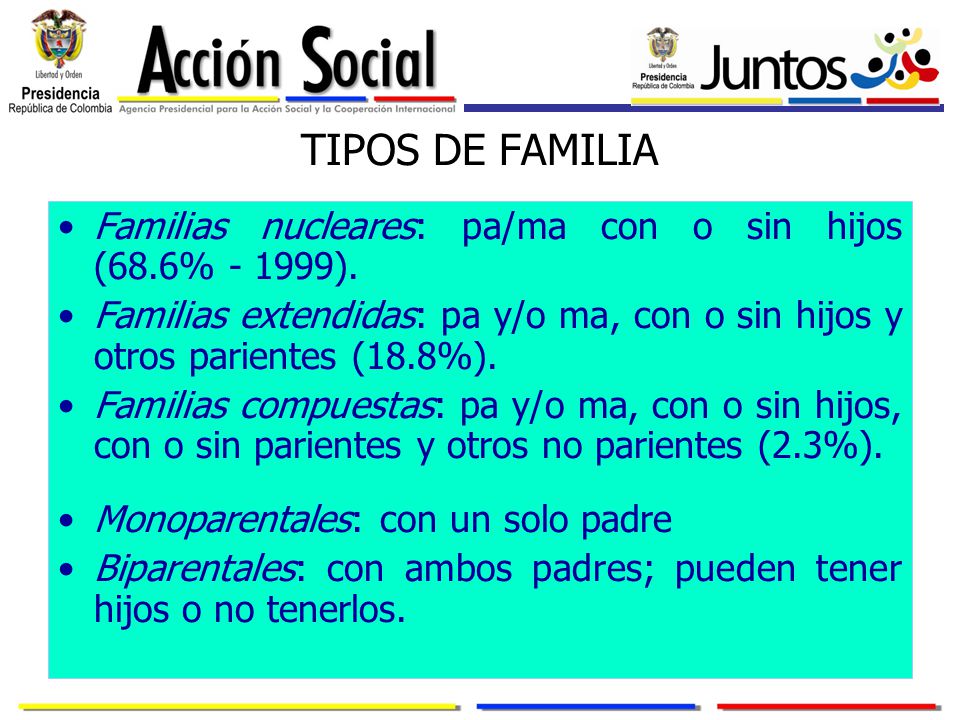 TIPOS DE FAMILIA Familias nucleares: pa/ma con o sin hijos (68.6% ).