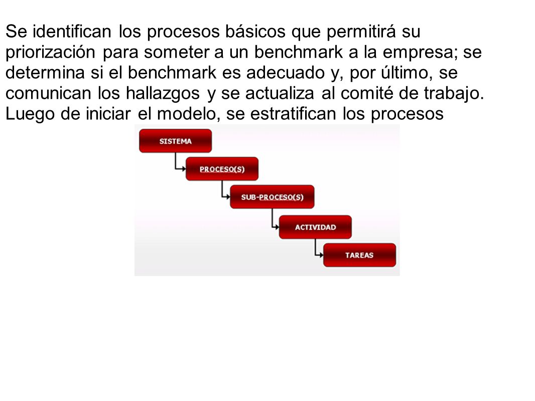Se identifican los procesos básicos que permitirá su priorización para someter a un benchmark a la empresa; se determina si el benchmark es adecuado y, por último, se comunican los hallazgos y se actualiza al comité de trabajo.