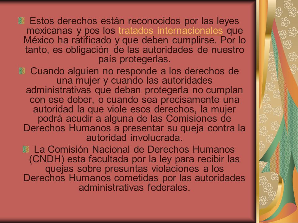 Estos derechos están reconocidos por las leyes mexicanas y pos los tratados internacionales que México ha ratificado y que deben cumplirse. Por lo tanto, es obligación de las autoridades de nuestro país protegerlas.