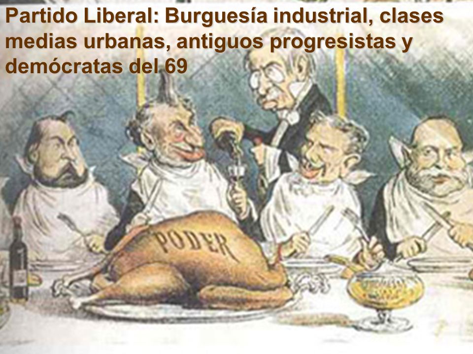 Partido Liberal: Burguesía industrial, clases medias urbanas, antiguos progresistas y demócratas del 69