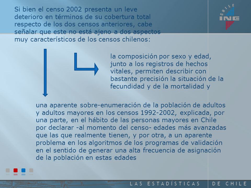 Si bien el censo 2002 presenta un leve deterioro en términos de su cobertura total respecto de los dos censos anteriores, cabe señalar que este no está ajeno a dos aspectos muy característicos de los censos chilenos: