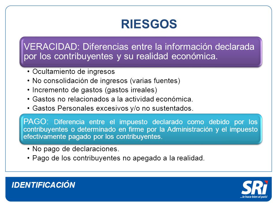 RIESGOS VERACIDAD: Diferencias entre la información declarada por los contribuyentes y su realidad económica.