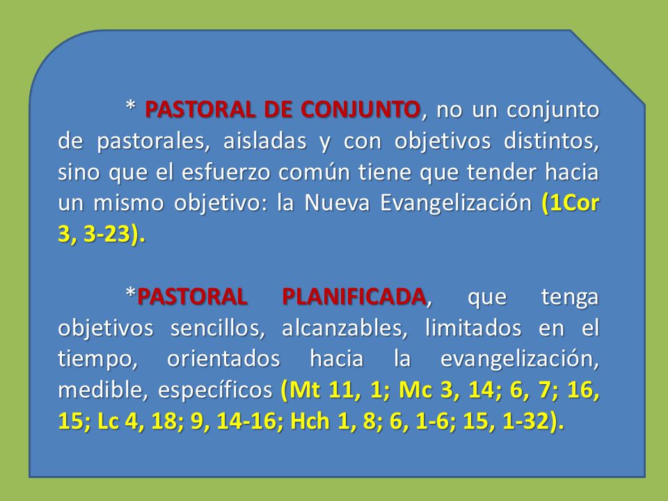 * PASTORAL DE CONJUNTO, no un conjunto de pastorales, aisladas y con objetivos distintos, sino que el esfuerzo común tiene que tender hacia un mismo objetivo: la Nueva Evangelización (1Cor 3, 3-23).