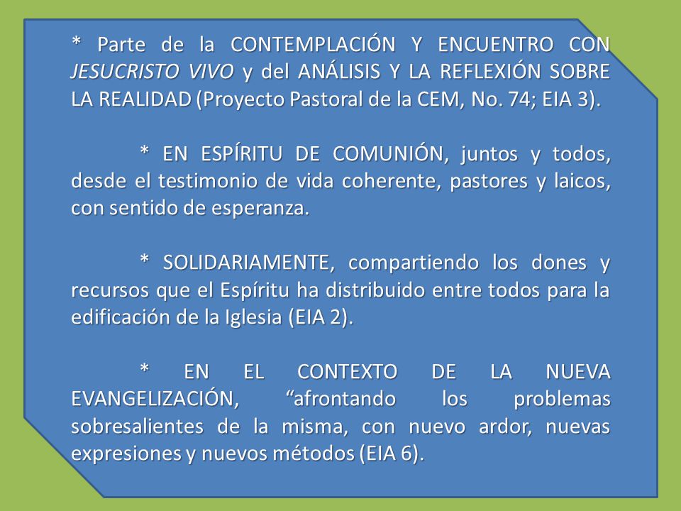 * Parte de la CONTEMPLACIÓN Y ENCUENTRO CON JESUCRISTO VIVO y del ANÁLISIS Y LA REFLEXIÓN SOBRE LA REALIDAD (Proyecto Pastoral de la CEM, No. 74; EIA 3).