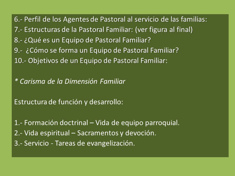 6. - Perfil de los Agentes de Pastoral al servicio de las familias: 7