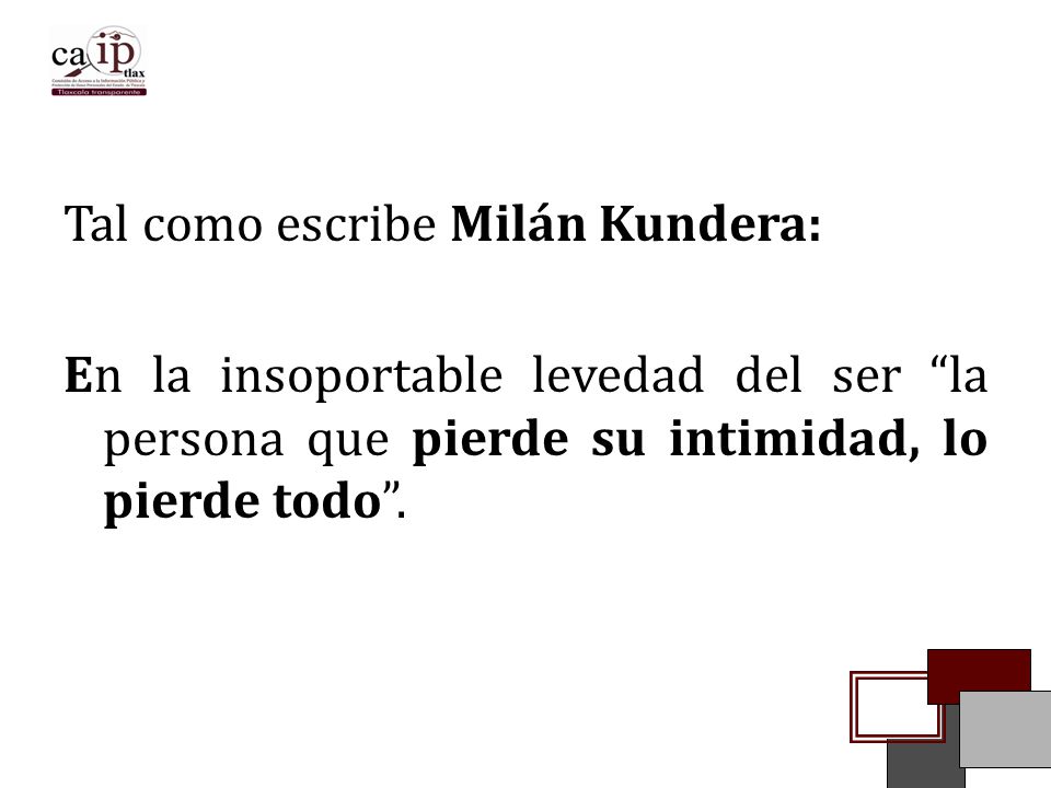 Tal como escribe Milán Kundera: En la insoportable levedad del ser la persona que pierde su intimidad, lo pierde todo .