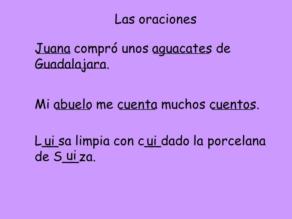 Las oraciones Juana compró unos aguacates de Guadalajara. Mi abuelo me cuenta muchos cuentos. L__sa limpia con c__dado la porcelana de S__za.