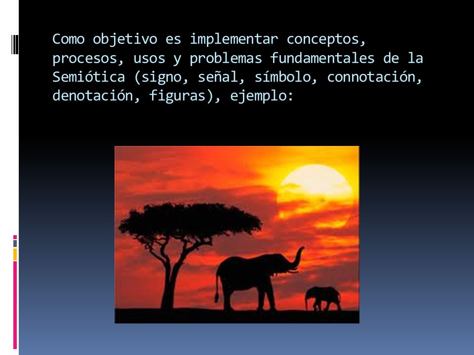 Como objetivo es implementar conceptos, procesos, usos y problemas fundamentales de la Semiótica (signo, señal, símbolo, connotación, denotación, figuras), ejemplo: