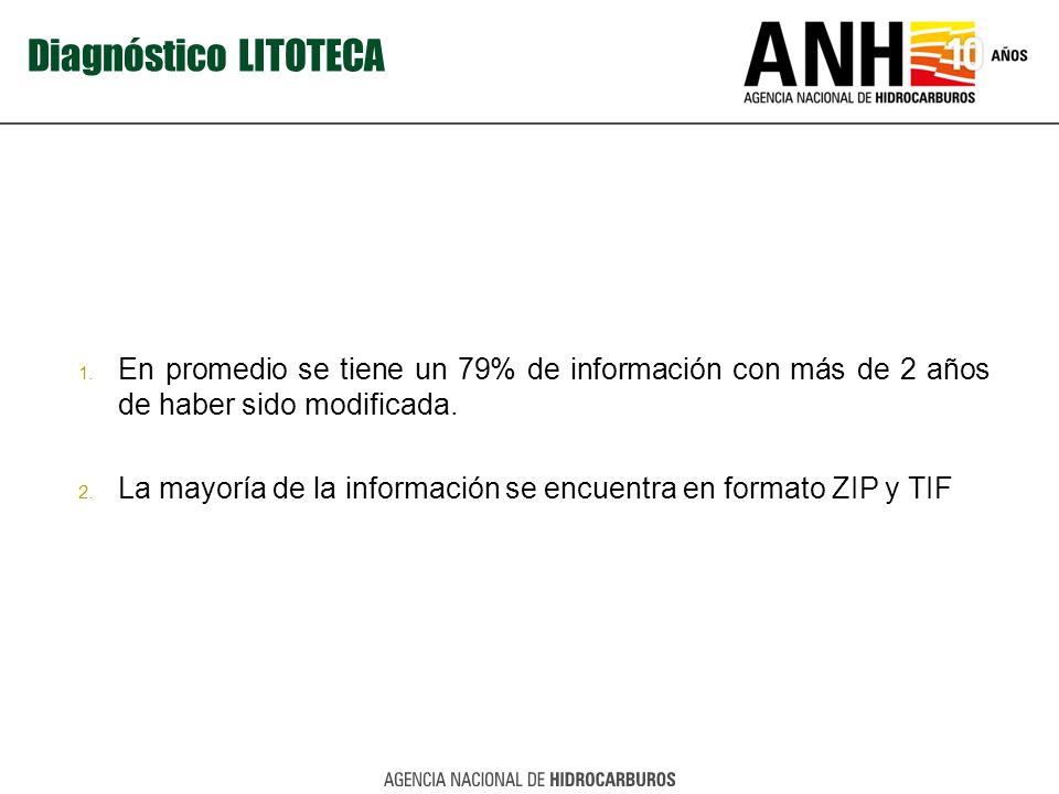 Diagnóstico LITOTECA En promedio se tiene un 79% de información con más de 2 años de haber sido modificada.