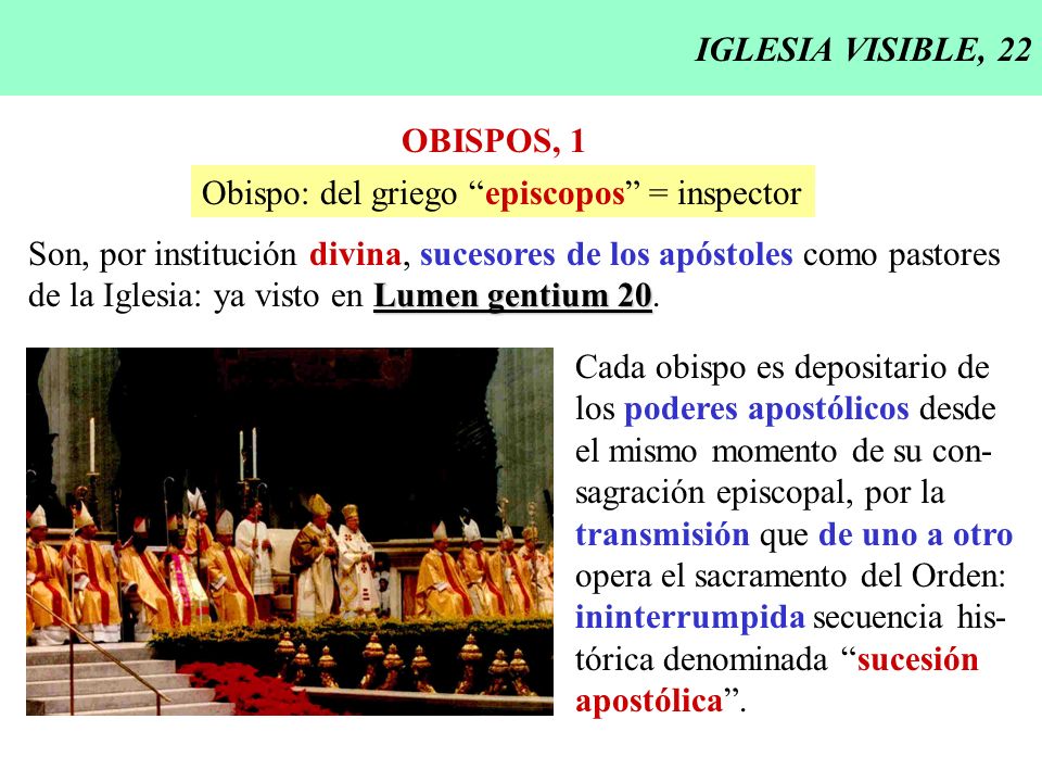 IGLESIA VISIBLE, 22 OBISPOS, 1. Obispo: del griego episcopos = inspector. Son, por institución divina, sucesores de los apóstoles como pastores.