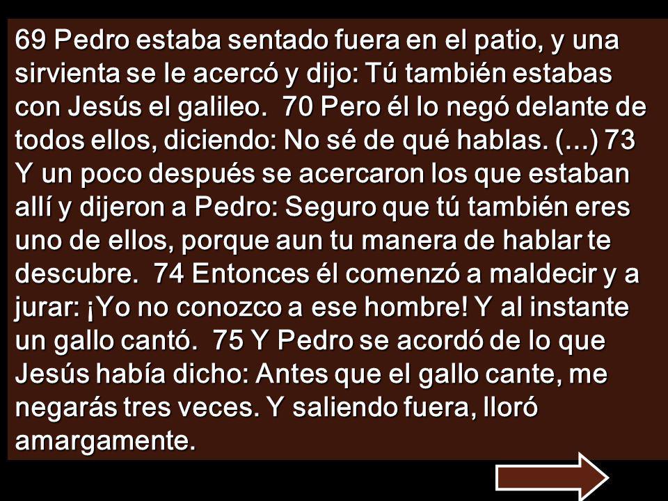 69 Pedro estaba sentado fuera en el patio, y una sirvienta se le acercó y dijo: Tú también estabas con Jesús el galileo.