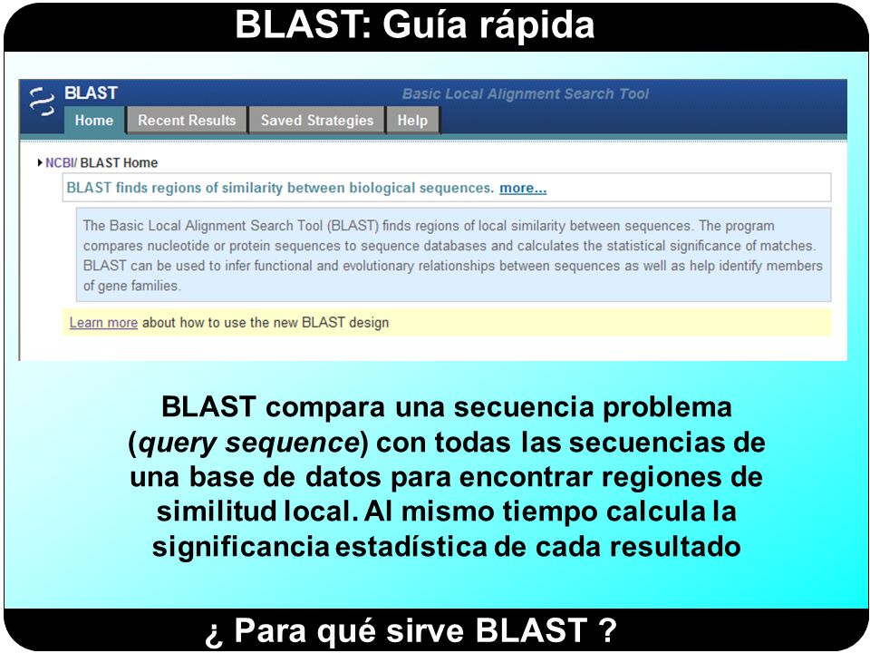 BLAST compara una secuencia problema (query sequence) con todas las secuencias de una base de datos para encontrar regiones de similitud local. Al mismo tiempo calcula la significancia estadística de cada resultado