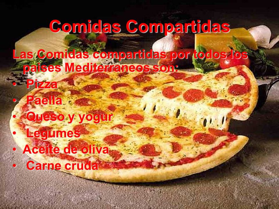 Comidas Compartidas Las Comidas compartidas por todos los paises Mediterraneos son: Pizza. Paella.