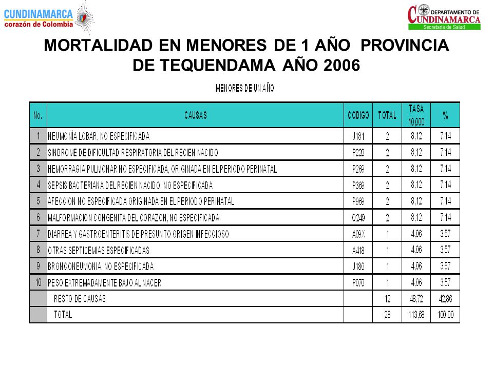 MORTALIDAD EN MENORES DE 1 AÑO PROVINCIA DE TEQUENDAMA AÑO 2006